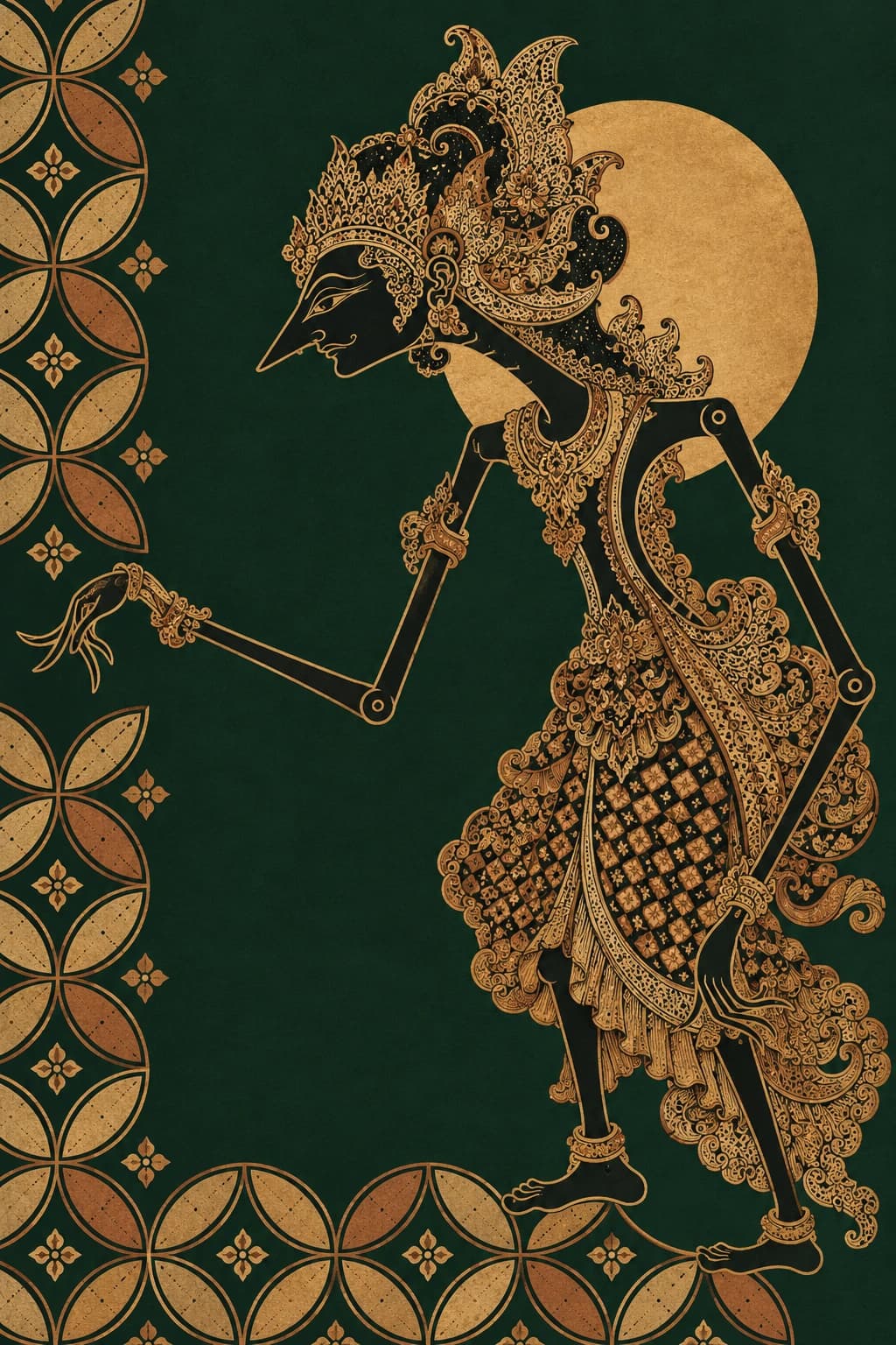 Ilustrasi dekoratif wayang kulit dengan detail tembaga di atas hijau hutan